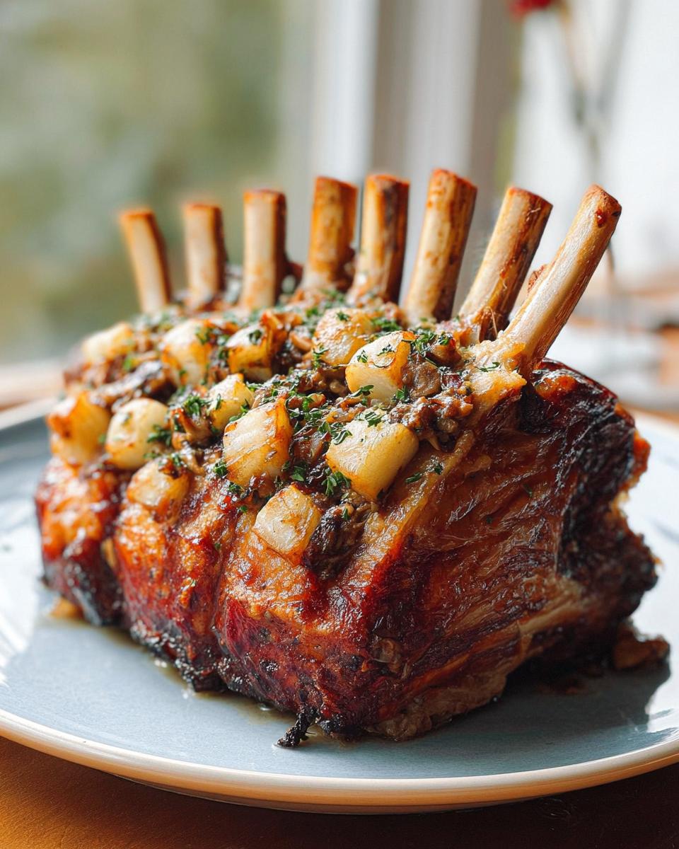 A beautifully roasted rack of lamb topped with potatoes and herbs, a centerpiece for ultimate dinner recipes.