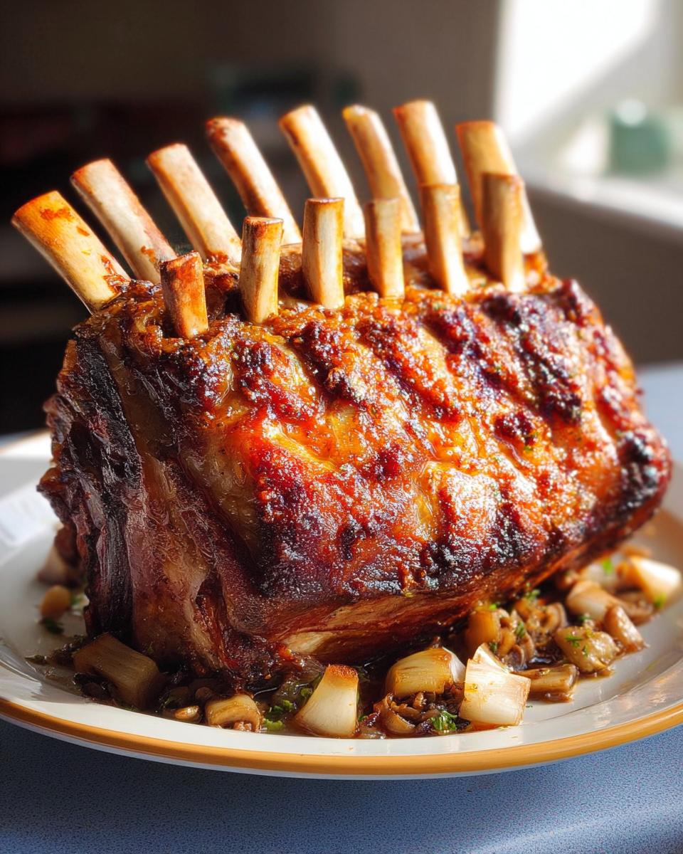 A perfectly roasted rack of lamb, a key component in ultimate dinner recipes, served with sautéed mushrooms and shallots.