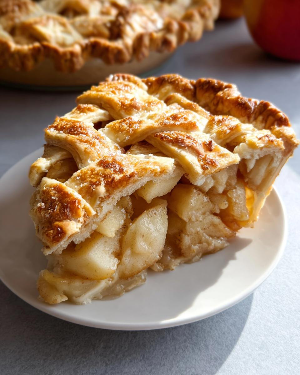A slice of delicious apple pie with a lattice crust, showcasing the tender apple filling, perfect for Restaurant-Style Thanksgiving Desserts at Home.