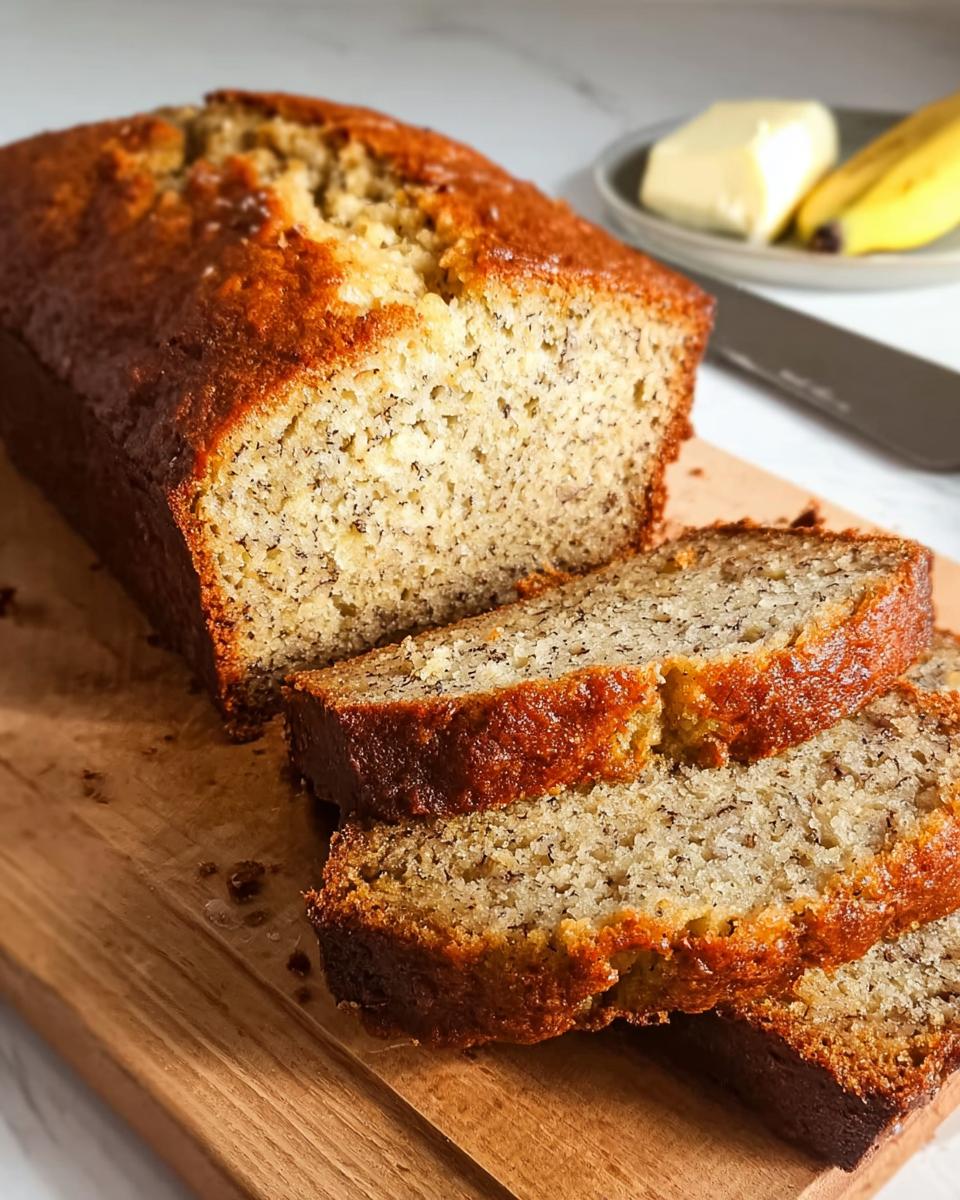 A loaf of freshly baked Restaurant-Style Banana Bread at Home, sliced on a wooden board with butter and bananas in the background.