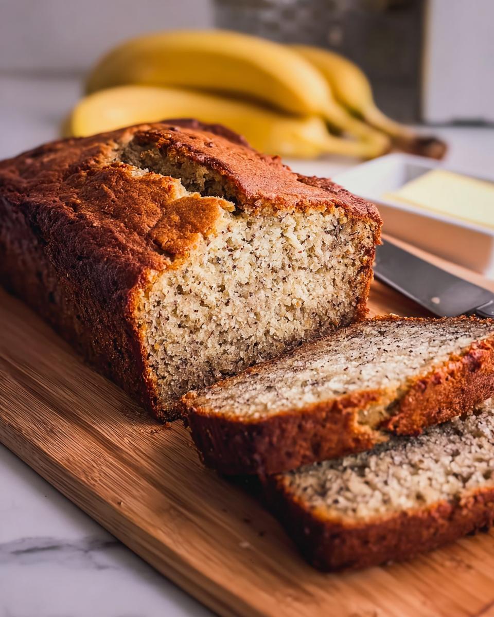 A sliced loaf of moist Restaurant-Style Banana Bread at Home on a wooden cutting board with butter and bananas in the background.
