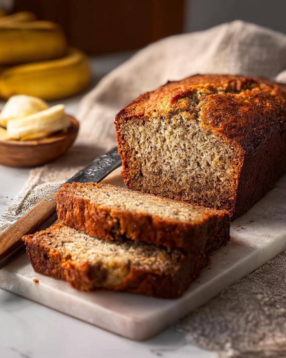 A freshly baked Restaurant-Style Banana Bread at Home, sliced on a marble board with bananas in the background.