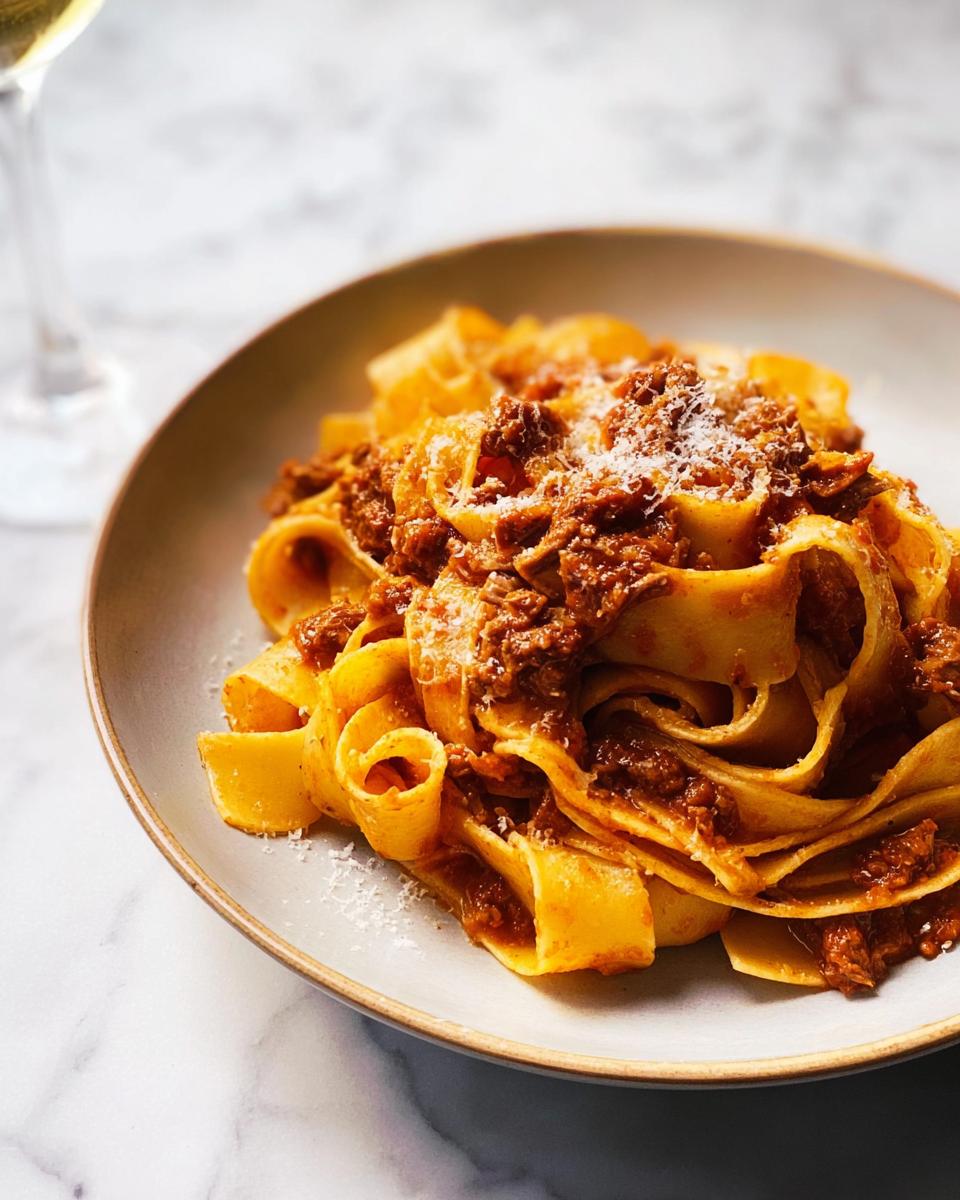 A close-up of a bowl of pappardelle pasta with rich bolognese sauce, a restaurant-style easy dinner recipe at home.