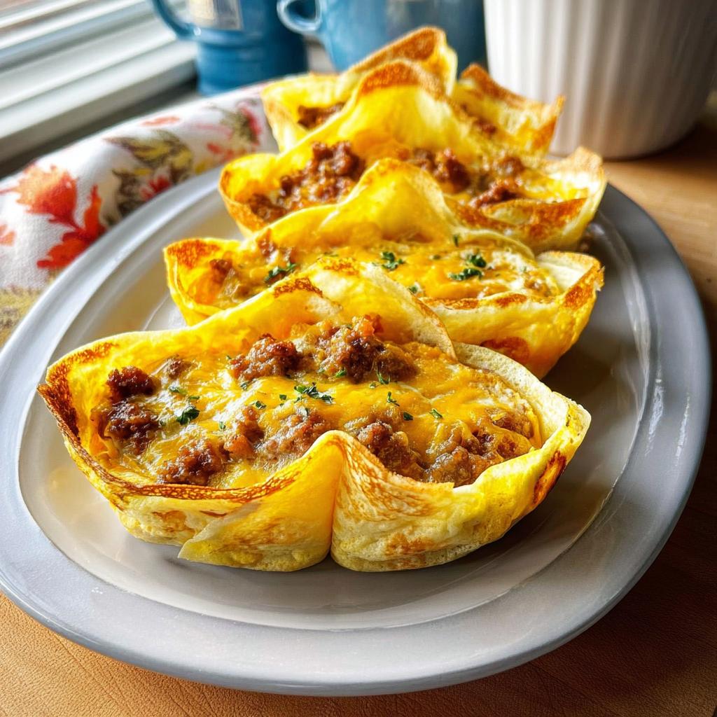 Close-up of four baked breakfast cups filled with sausage and melted cheese, a perfect restaurant-style breakfast idea at home.