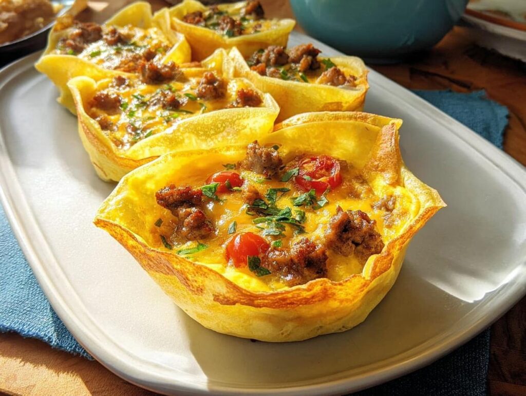 Close-up of restaurant-style breakfast cups filled with scrambled eggs, sausage, cheese, and cherry tomatoes.