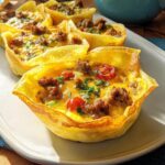 Close-up of restaurant-style breakfast cups filled with scrambled eggs, sausage, cheese, and cherry tomatoes.