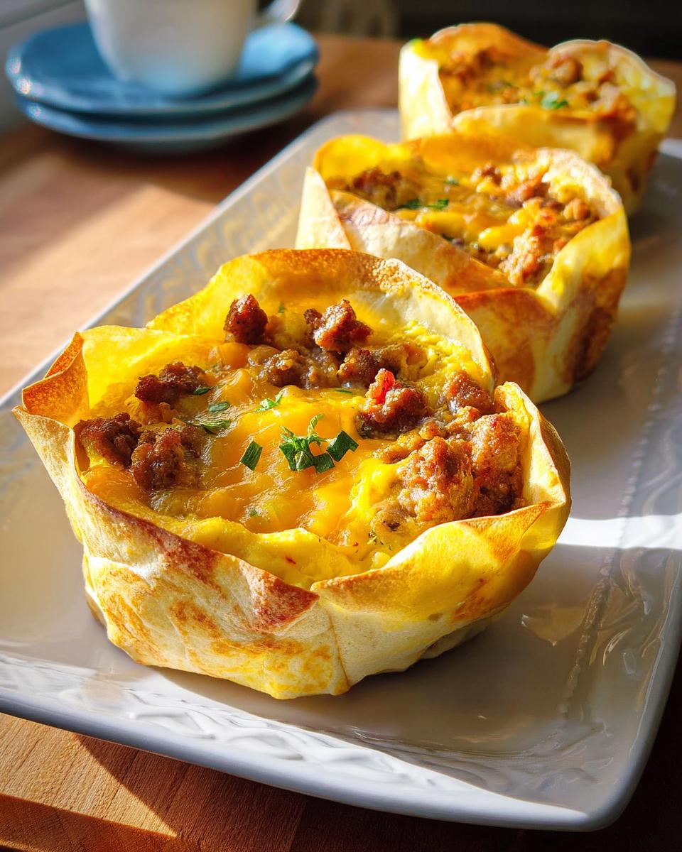 Three baked breakfast cups filled with scrambled eggs, sausage, and melted cheese, presented as restaurant-style breakfast ideas at home.