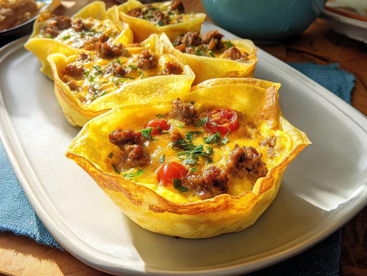 Close-up of restaurant-style breakfast cups filled with scrambled eggs, sausage, cheese, and cherry tomatoes.
