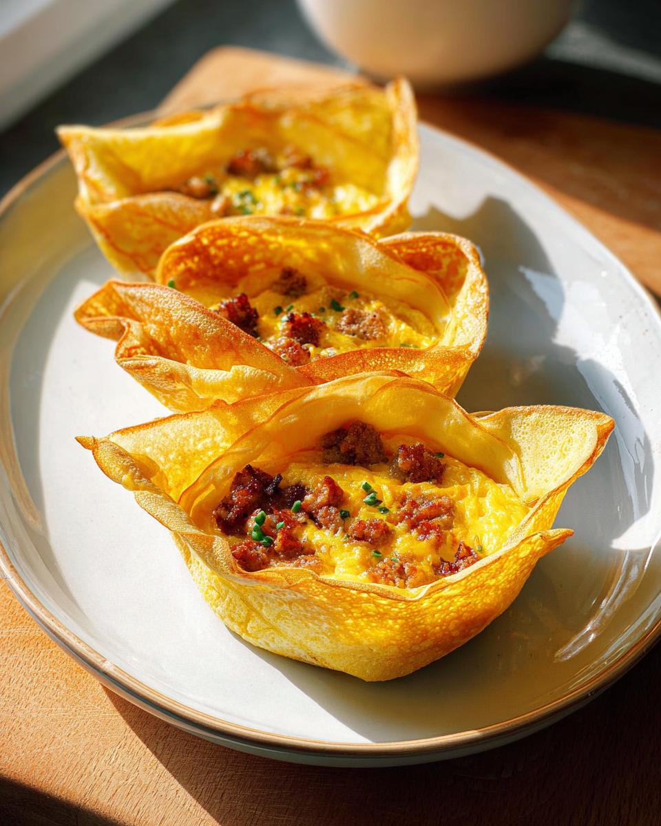 Three golden-brown breakfast cups filled with scrambled eggs and crumbled sausage, a perfect restaurant-style breakfast idea.