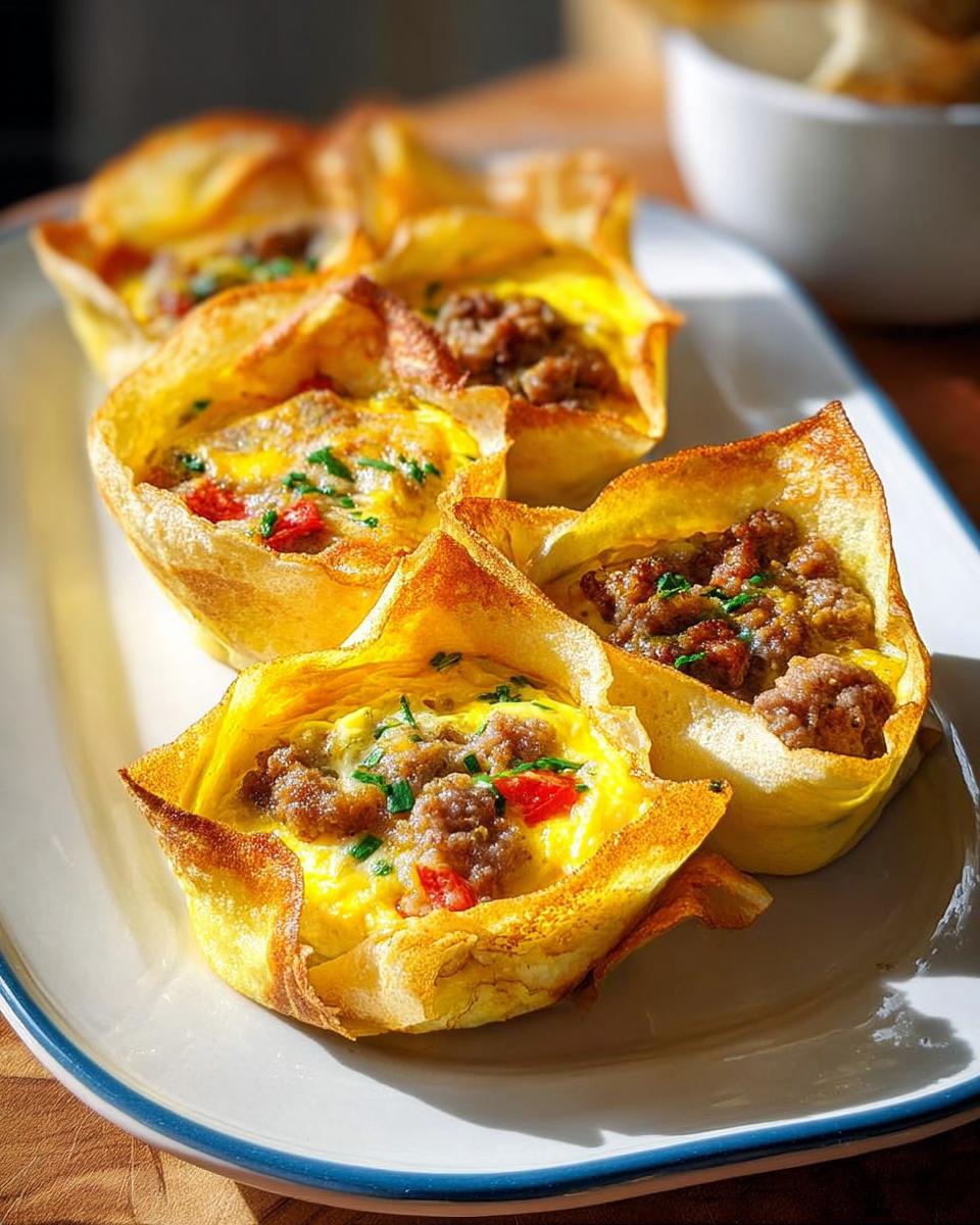 Close-up of savory breakfast cups with eggs, sausage, and chives, perfect for restaurant-style breakfast ideas at home.