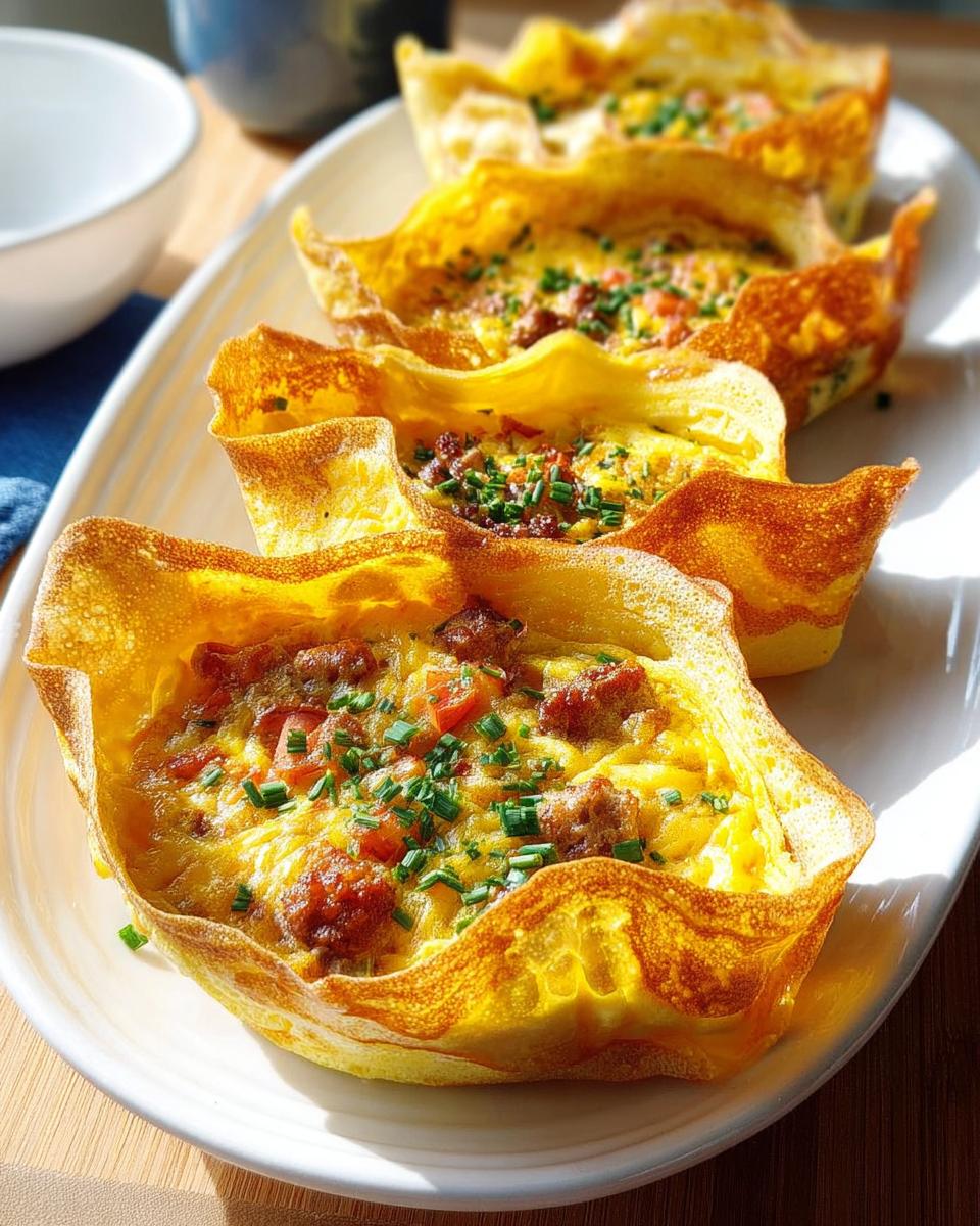 Close-up of restaurant-style breakfast egg cups filled with sausage, tomatoes, and chives.