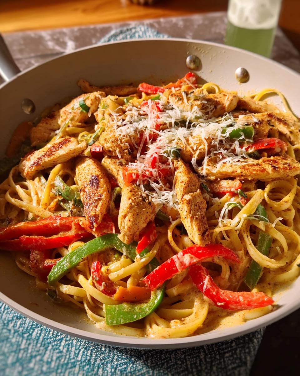 A close-up of restaurant-style Cajun chicken pasta with fettuccine, sliced chicken breast, bell peppers, and grated Parmesan cheese.