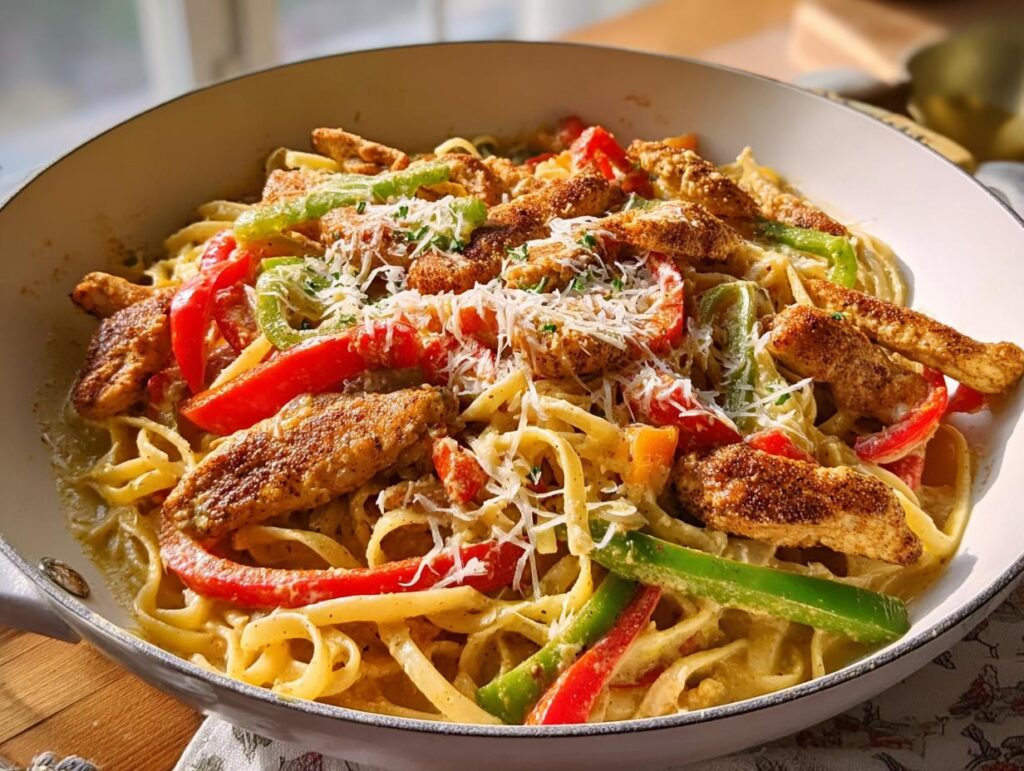 Close-up of restaurant-style Cajun chicken pasta with fettuccine, bell peppers, and shredded cheese.