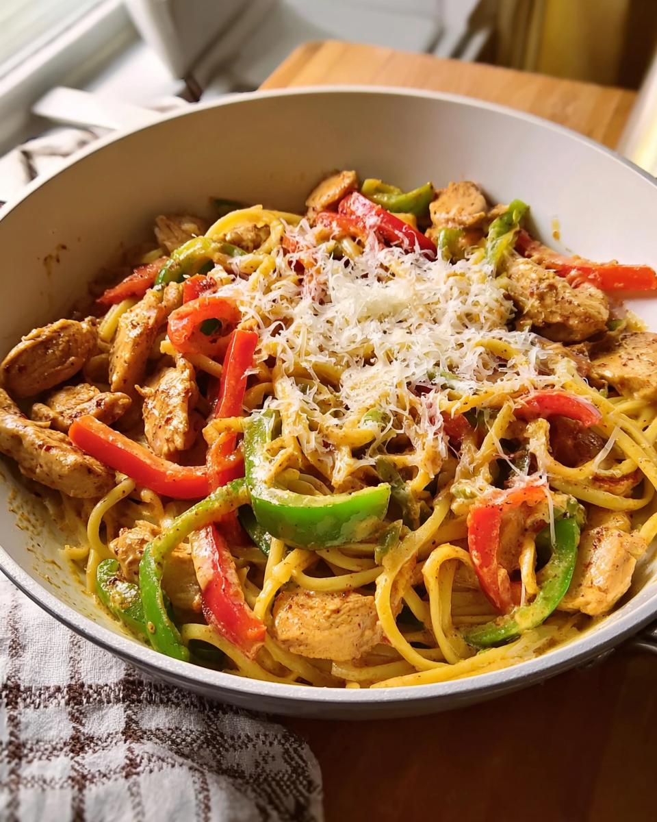 A close-up of restaurant-style Cajun chicken pasta with bell peppers and shredded cheese.