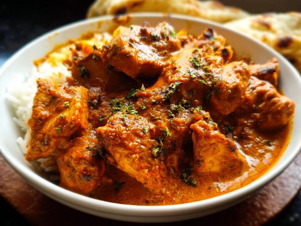 Close-up of tender chicken pieces in a rich, creamy orange sauce, served over white rice, garnished with herbs. Restaurant-Style Chicken at Home.