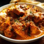 Close-up of tender chicken pieces in a rich, creamy orange sauce, served over white rice, garnished with herbs. Restaurant-Style Chicken at Home.