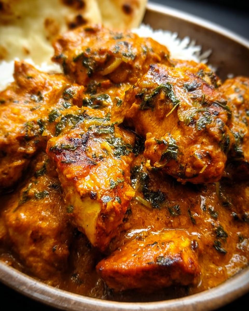 Close-up of tender chicken pieces in a creamy, orange sauce with herbs, served with rice and naan for restaurant-style chicken at home.