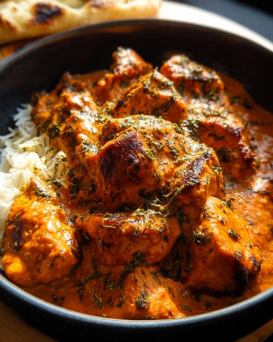 Close-up of tender chicken pieces in a rich, creamy orange sauce with rice, garnished with herbs. Restaurant-Style Chicken at Home.