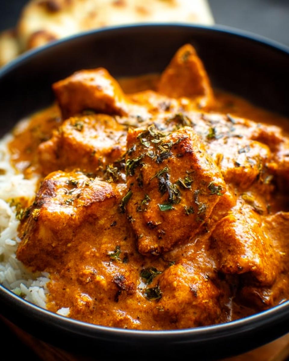Close-up of tender chicken pieces in a rich, creamy orange sauce served over white rice, garnished with herbs. Restaurant-Style Chicken at Home.