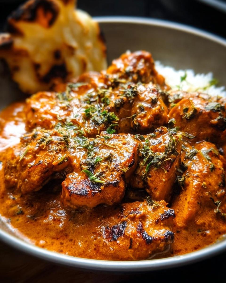 A bowl of restaurant-style chicken in a rich, creamy curry sauce, served with rice and naan.