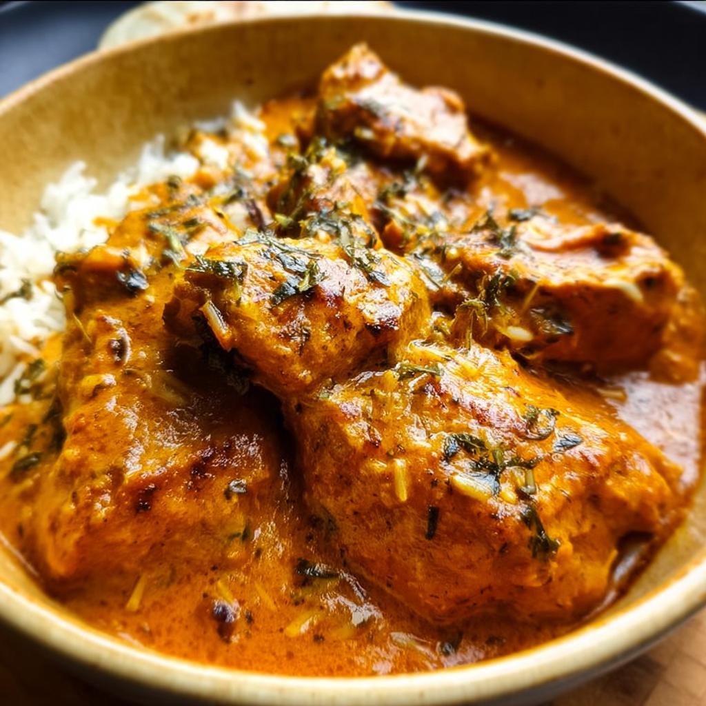 Close-up of tender pieces of Restaurant-Style Chicken at Home in a rich, creamy orange sauce with fluffy white rice.