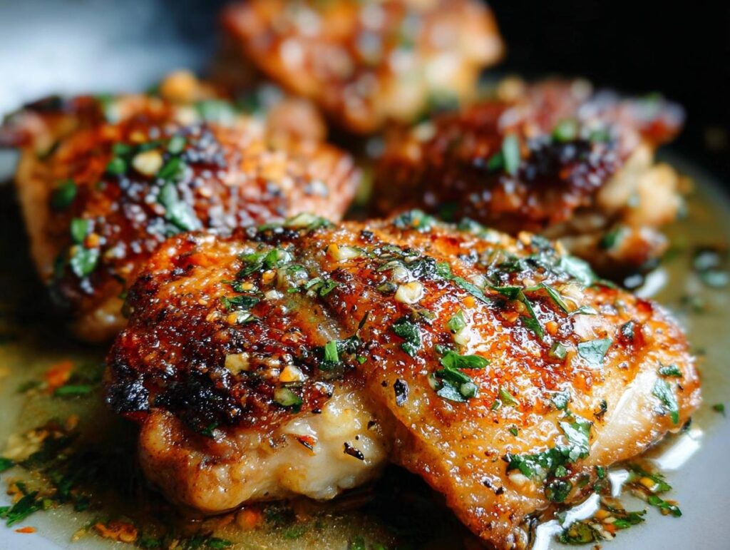 Close-up of succulent restaurant-style chicken thighs, pan-seared and drizzled with a garlic-herb sauce.