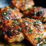 Close-up of succulent restaurant-style chicken thighs, pan-seared and drizzled with a garlic-herb sauce.