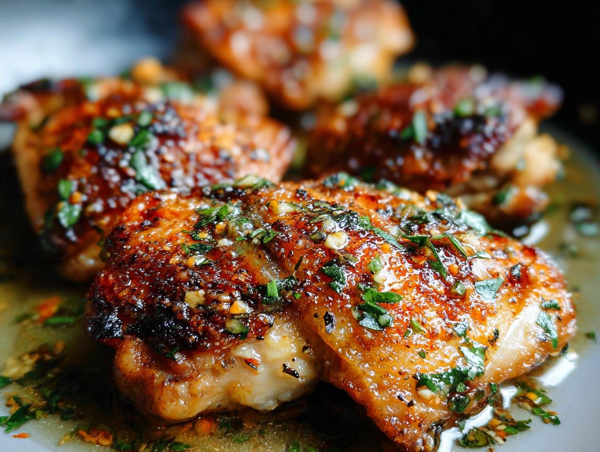 Close-up of succulent restaurant-style chicken thighs, pan-seared and drizzled with a garlic-herb sauce.