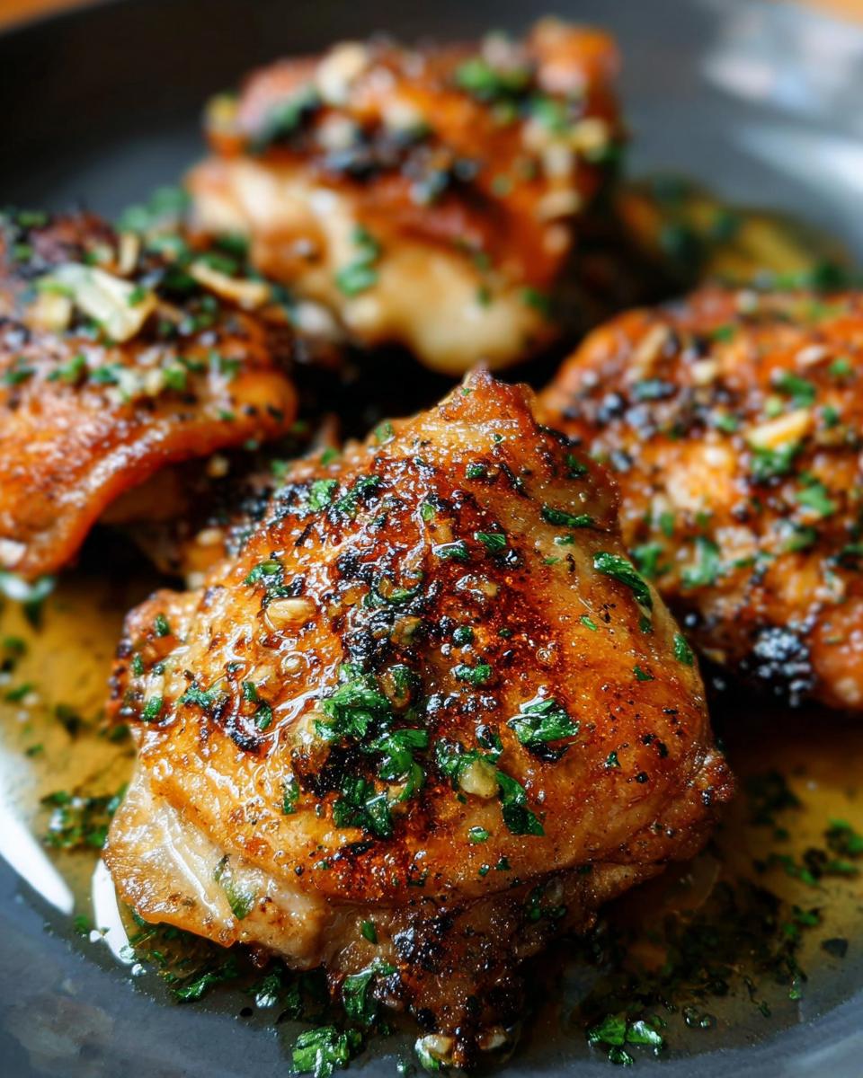 Close-up of juicy restaurant-style chicken thighs, pan-seared and topped with fresh parsley and garlic.