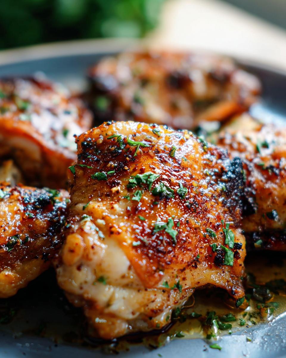 Close-up of juicy, golden-brown restaurant-style chicken thighs seasoned with herbs.