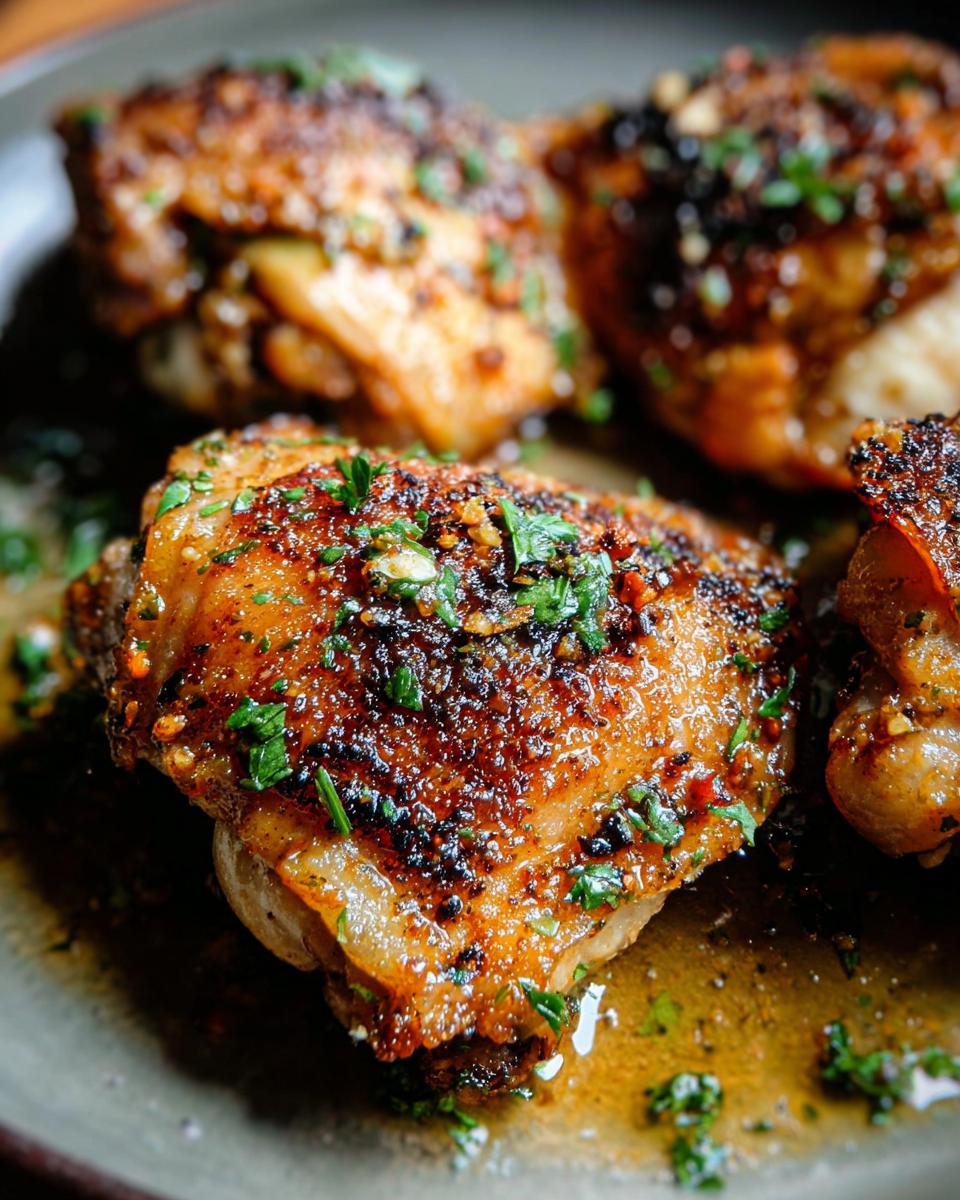 Close-up of juicy, pan-seared chicken thighs seasoned with herbs, a perfect example of restaurant-style chicken thigh recipes at home.