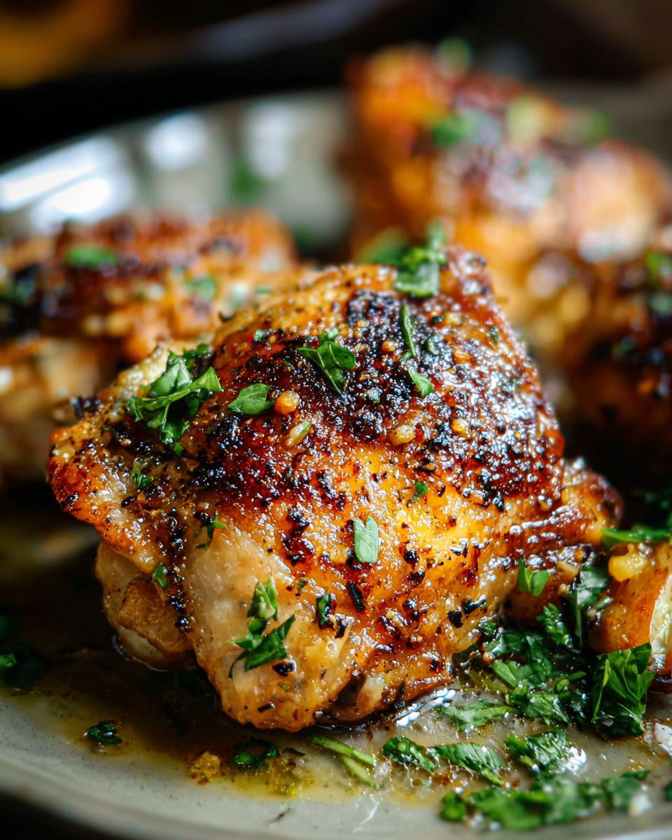 Close-up of perfectly cooked restaurant-style chicken thighs, glistening with sauce and sprinkled with fresh parsley.