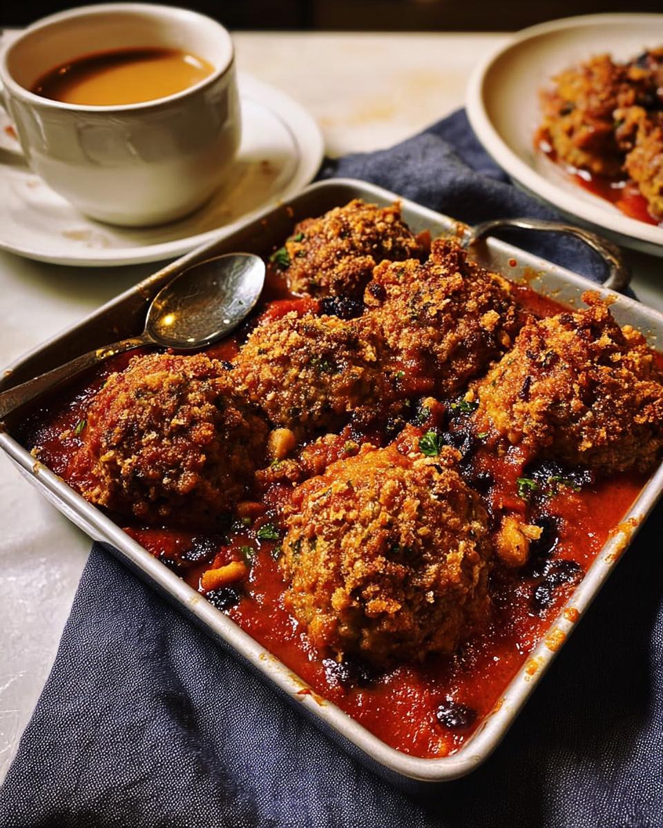 Close-up of restaurant-style meatballs in a rich tomato sauce, topped with breadcrumbs, perfect for dinner ideas at home.