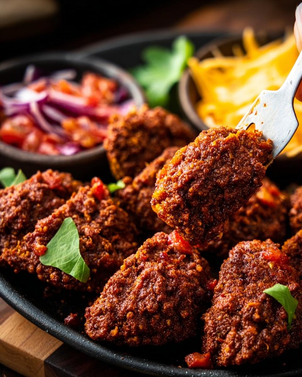 Close-up of restaurant-style ground beef bites, with a fork lifting one piece, served with salsa and cheese.