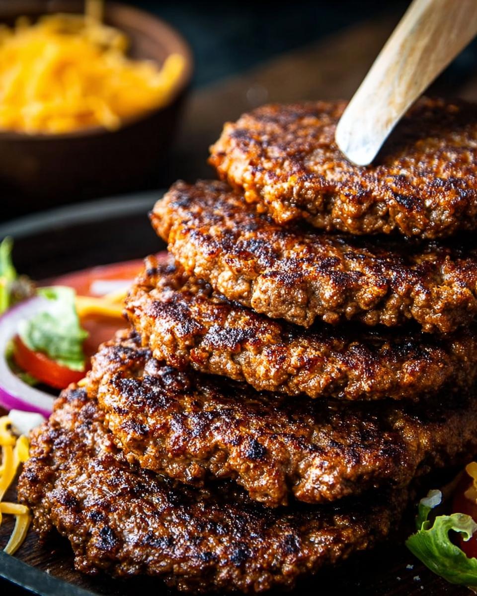A tall stack of juicy, grilled restaurant-style ground beef patties, with lettuce, tomato, and onion visible.