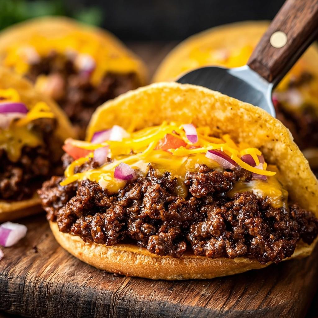 Close-up of a delicious restaurant-style ground beef taco, loaded with seasoned ground beef, melted cheese, and diced red onion.