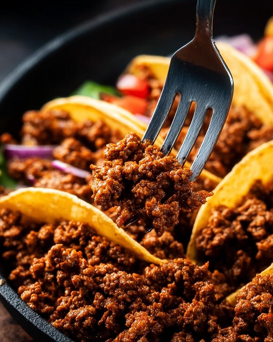 A fork lifting seasoned ground beef from a taco, showcasing restaurant-style ground beef recipes at home.