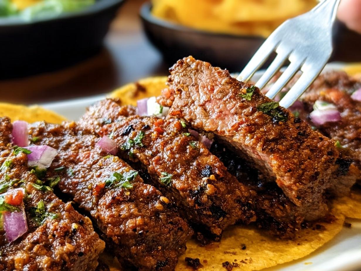 Close-up of juicy, seasoned ground beef on corn tortillas, topped with red onion and cilantro. A fork lifts a piece.