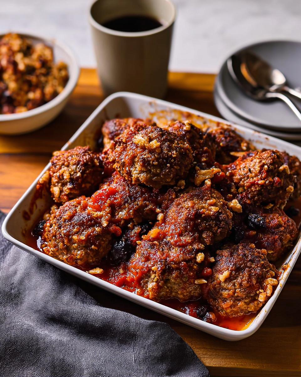 A white baking dish filled with juicy meatballs in a rich tomato sauce, perfect for restaurant-style dinner ideas at home.