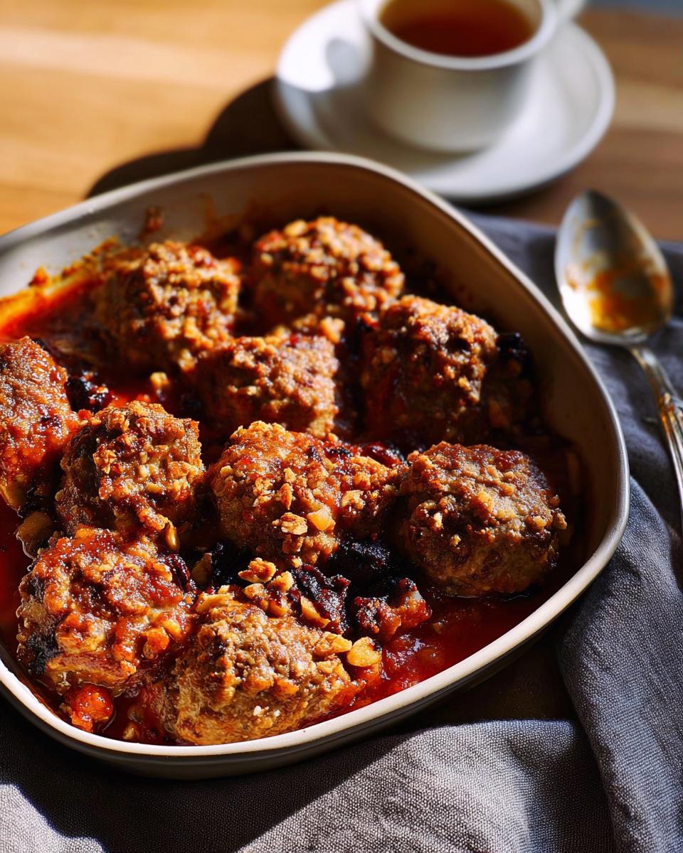 Close-up of juicy meatballs in a rich tomato sauce, part of restaurant-style dinner ideas at home.