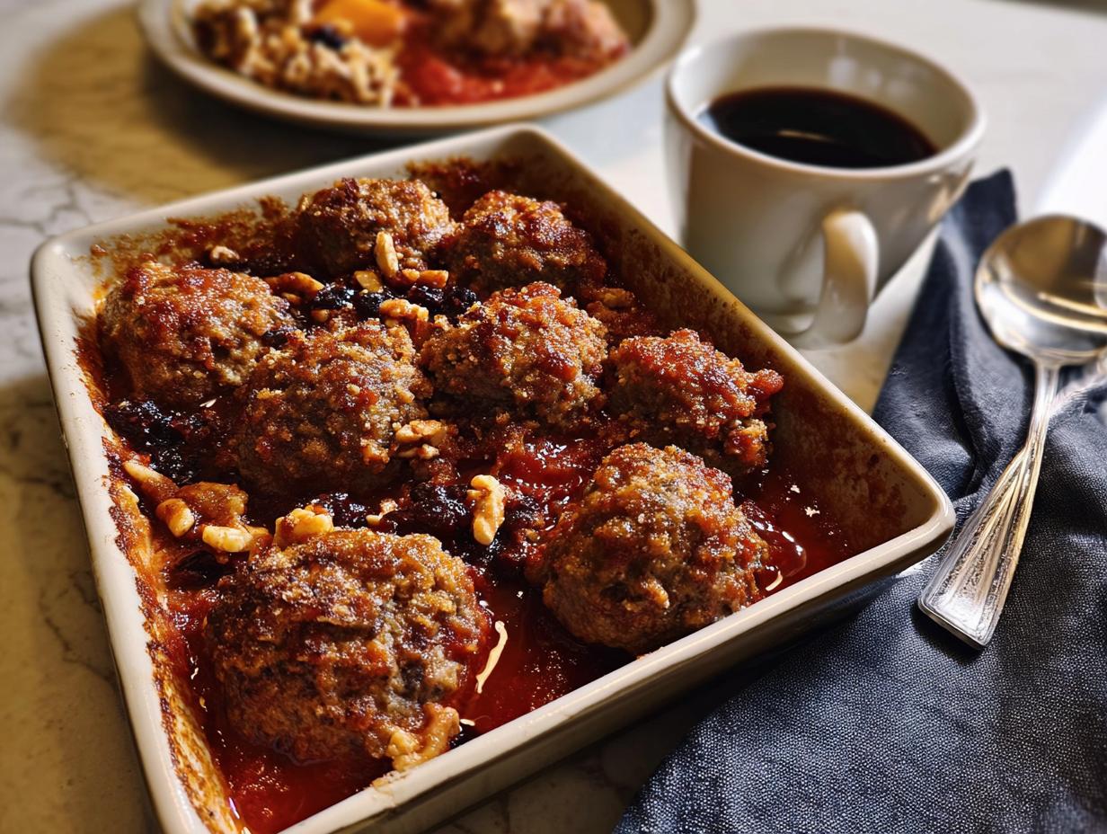 Close-up of juicy meatballs in a rich tomato sauce with nuts and dried fruit, part of restaurant-style dinner ideas at home.