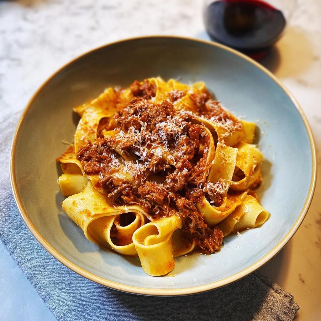 A bowl of pappardelle pasta with rich meat sauce and grated Parmesan cheese, part of restaurant-style easy dinner recipes at home.