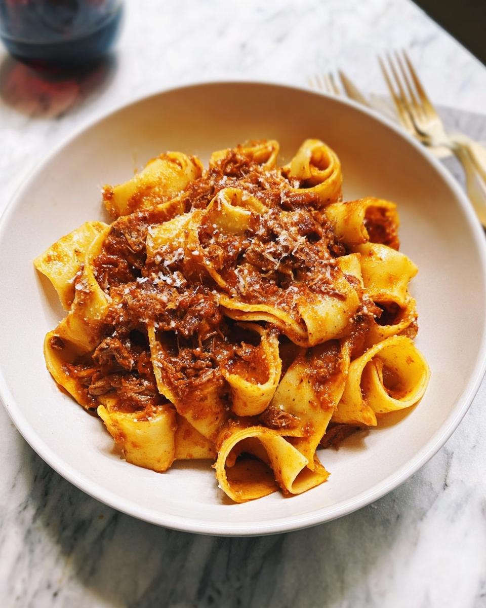 Close-up of wide pasta noodles coated in a hearty meat sauce, sprinkled with Parmesan, as part of Restaurant-Style Easy Dinner Recipes at Home.