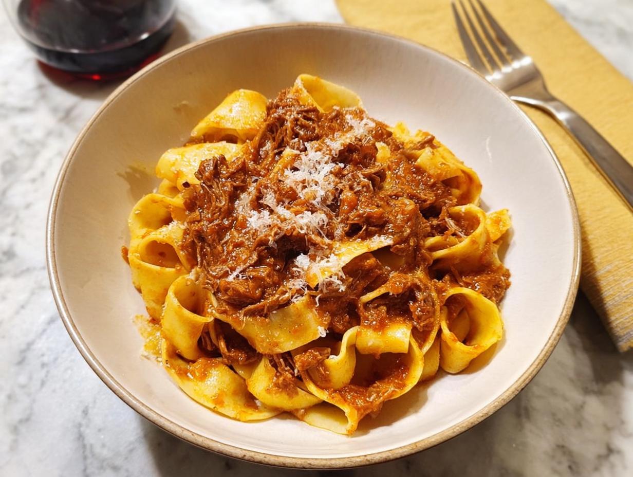 A bowl of wide pasta with a rich, slow-cooked meat sauce, sprinkled with Parmesan, perfect for restaurant-style easy dinner recipes at home.