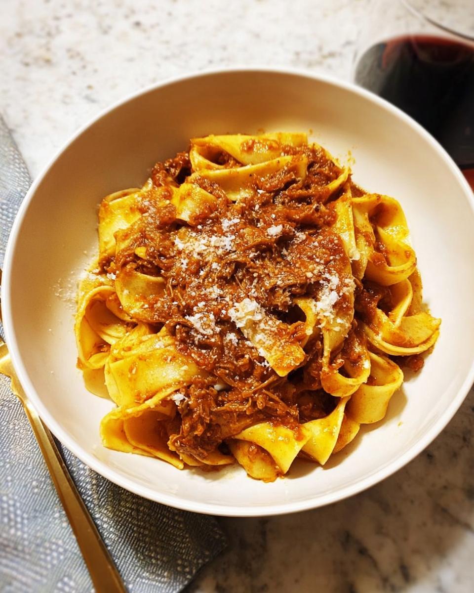 A bowl of pappardelle pasta with rich beef ragu, a classic restaurant-style easy dinner recipe at home.