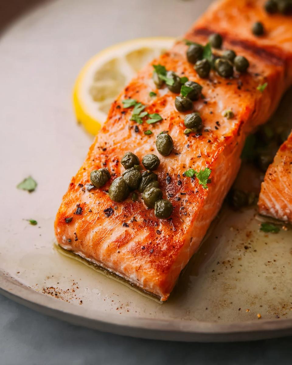 Close-up of a perfectly cooked salmon fillet topped with capers and herbs, served with a lemon slice, embodying restaurant-style dinner recipes at home.