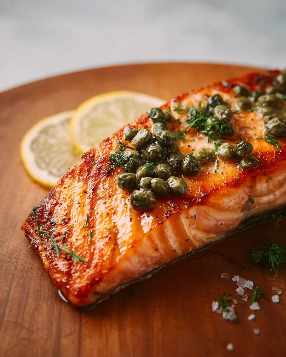 A perfectly cooked salmon fillet topped with capers and herbs, served with lemon slices, as part of Restaurant-Style Dinner Recipes at Home.