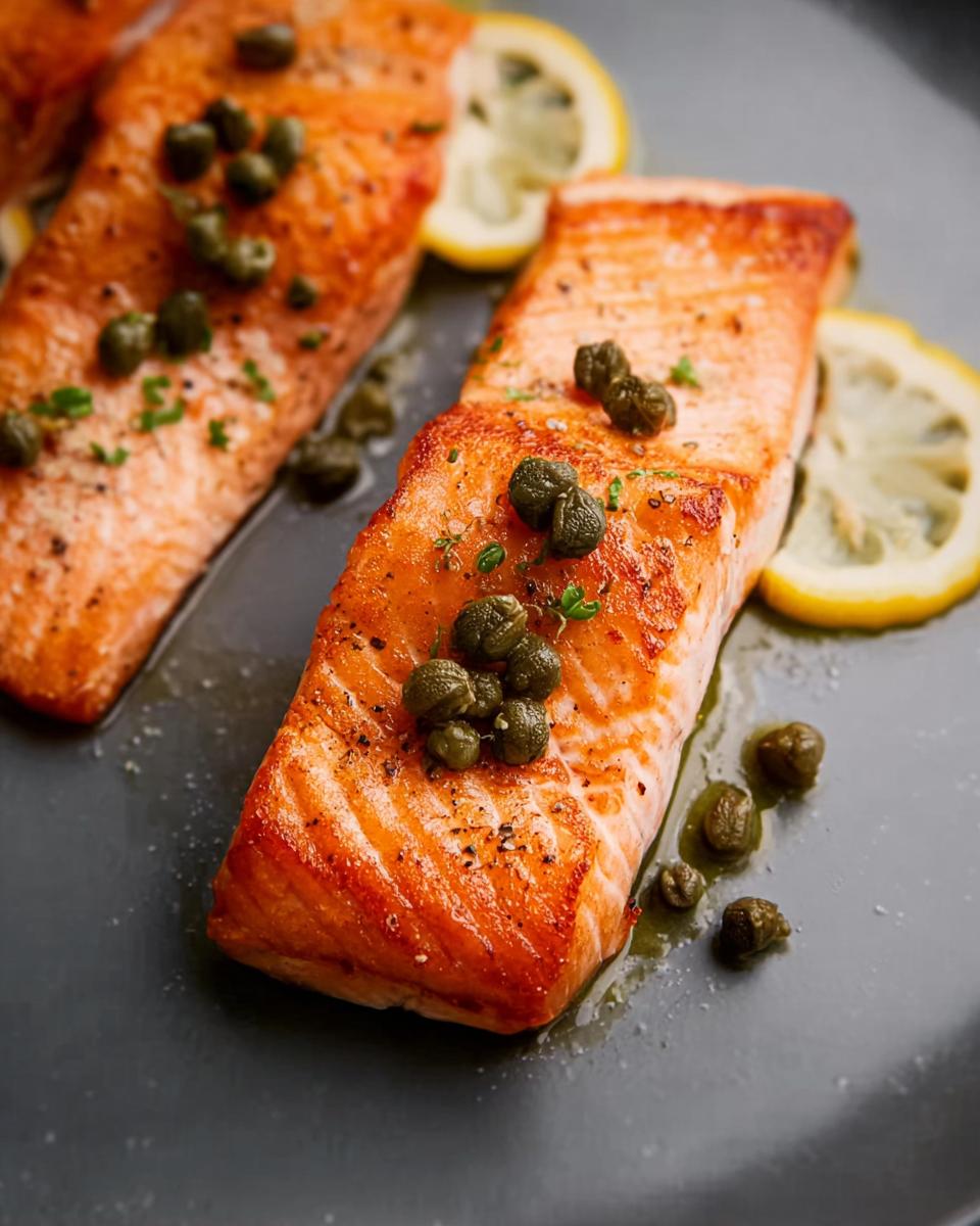 Close-up of perfectly cooked salmon fillets topped with capers and lemon slices, a perfect example of restaurant-style dinner recipes at home.