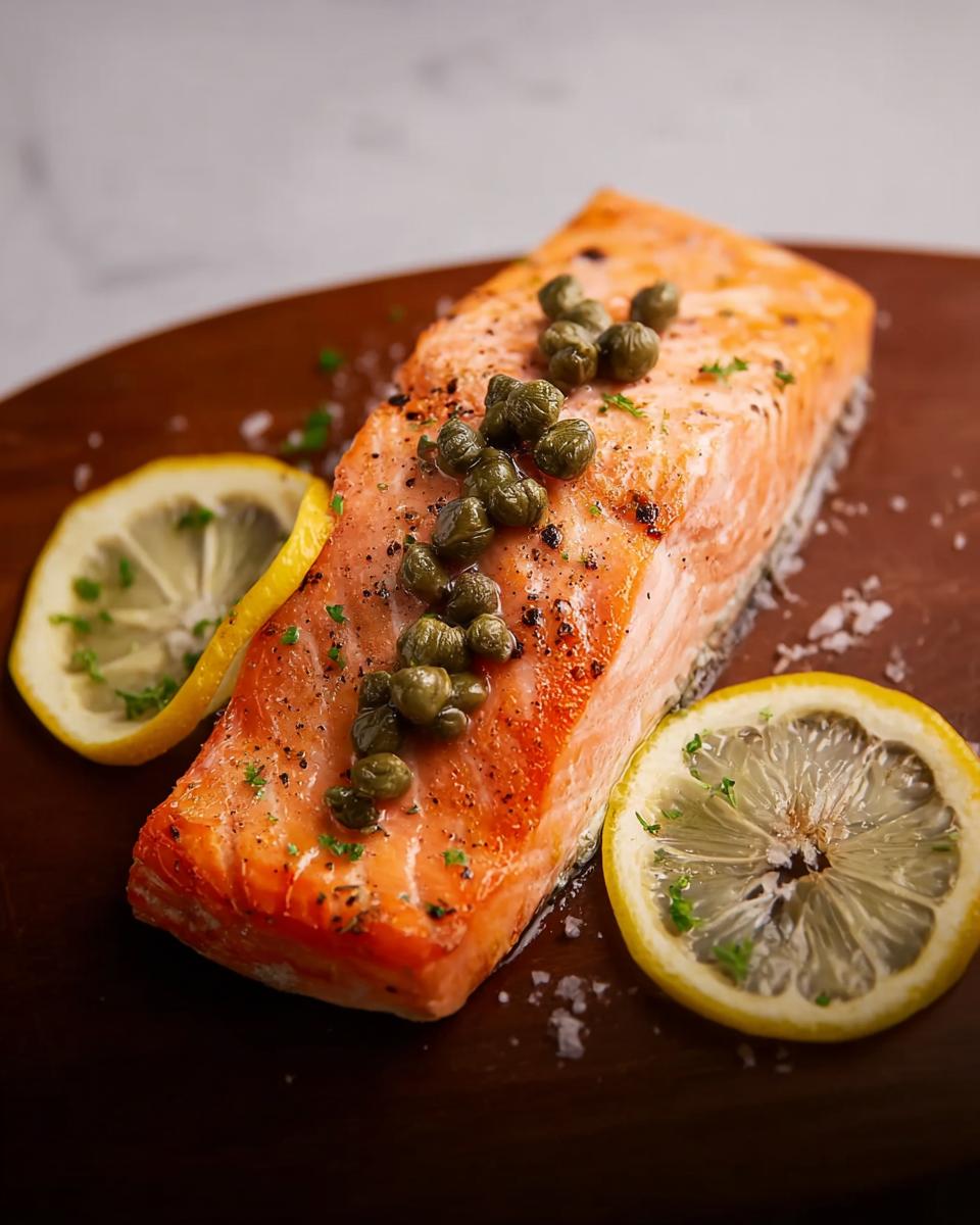 A perfectly cooked salmon fillet topped with capers and served with lemon slices, a delicious example of Restaurant-Style Dinner Recipes at Home.