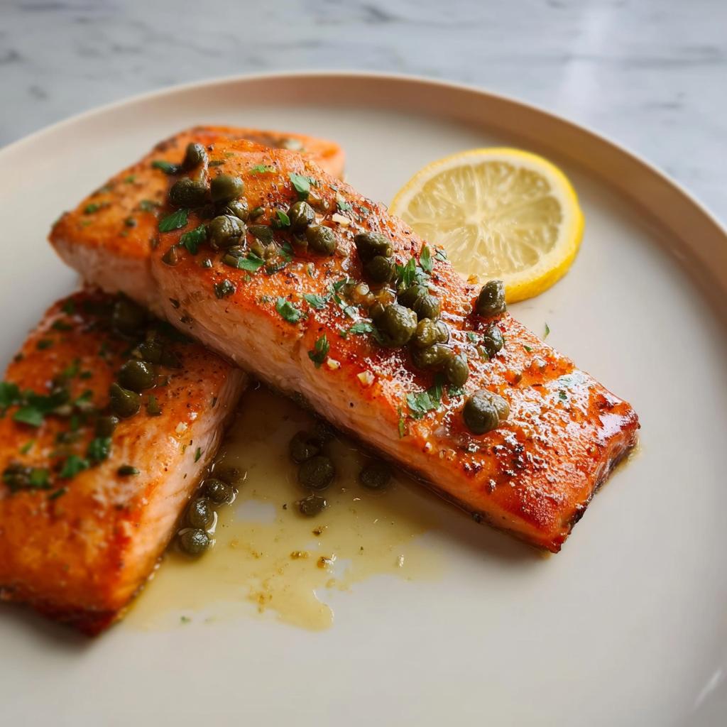 Two beautifully cooked salmon fillets topped with capers and parsley, served with a lemon slice, perfect for restaurant-style dinner recipes at home.